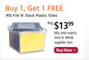 BUY 1, GET 1 FREE - IRIS File N' Stack Plastic Totes - Reg $13.99 - Mix and match, limit 4. - While Supplies Last. - BUY NOW