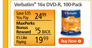Verbatim(R) 16x DVD+/-R, 100-Pack - Save $35 - You Pay $24.99 - MaxPerks Bonus Reward $5 BACK - It's Like Paying $19.99 - BUY NOW