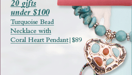 20 gifts under $100 Turquoise Bead Necklace with Coral Heart Pendant|$89